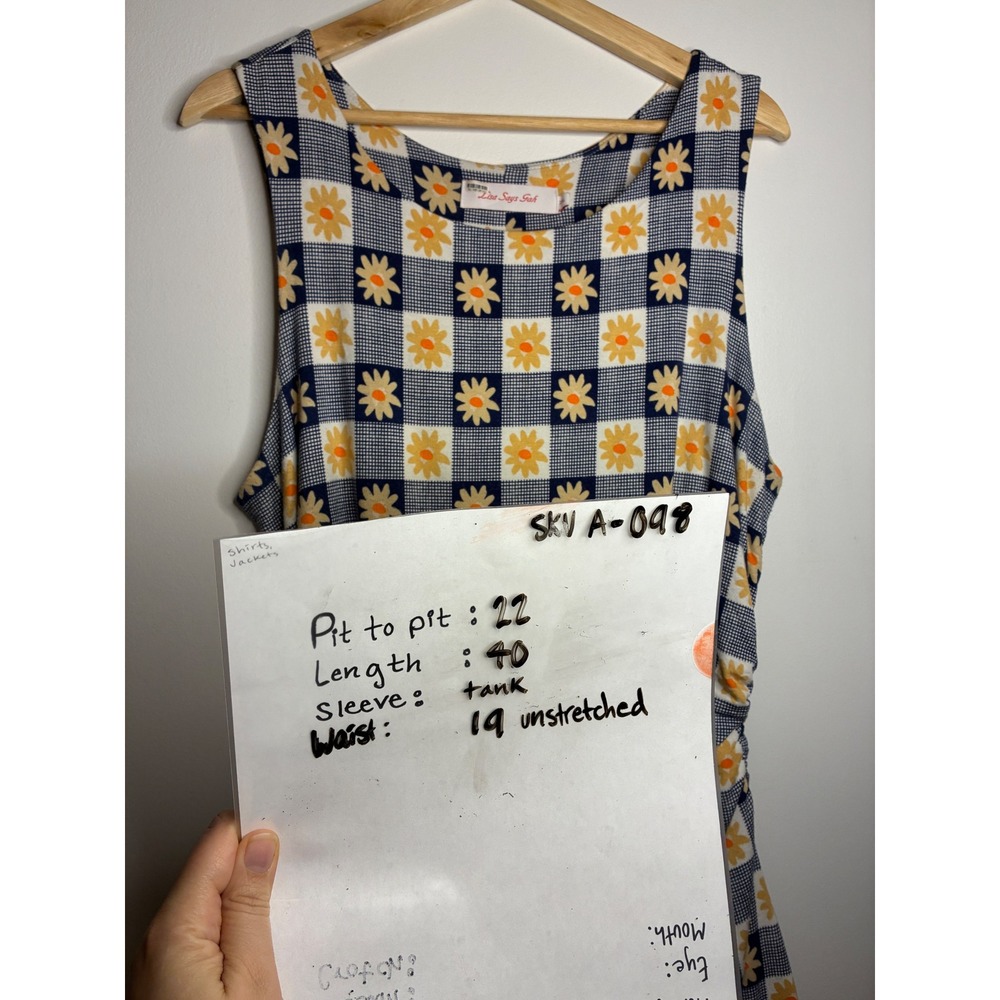 Lisa Says Gah Dress Women 2XL Blue White Daisy Gingham Ruched Back Midi Tank - Picture 7 of 8